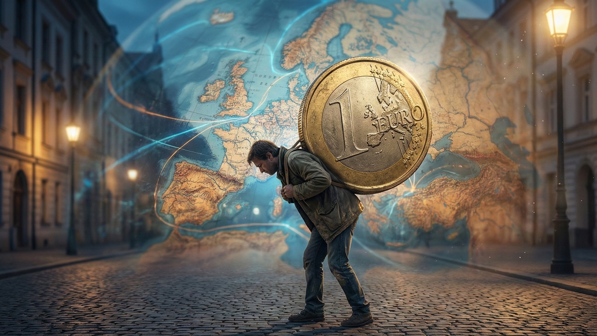 Map of Europe showing debt per capita intensity with Belgium and Italy highlighted in red