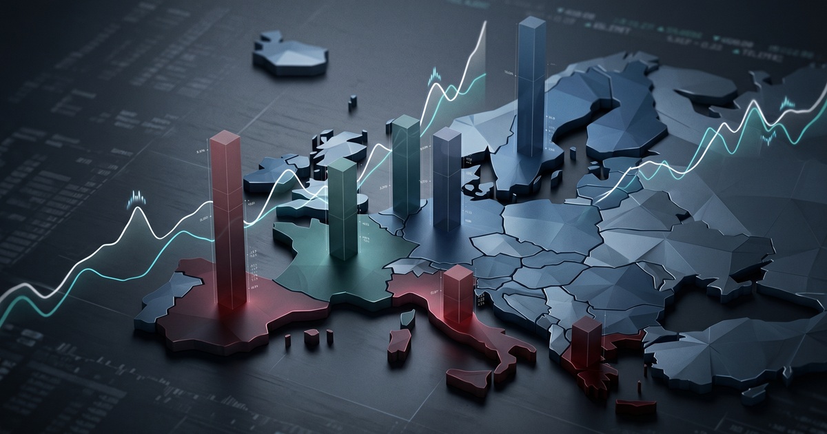 Stylized map of the European Union with financial charts representing public debt pressure across EU countries