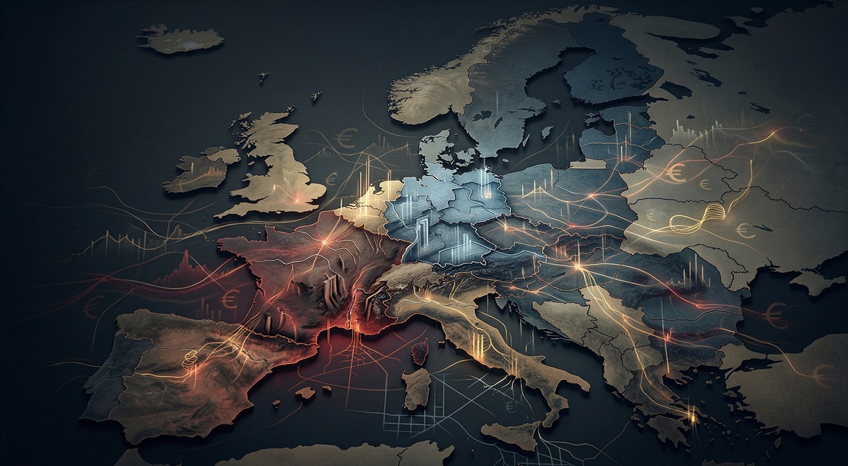 A Europe debt counter over a map of the EU, with France and Germany highlighted to show different debt paths