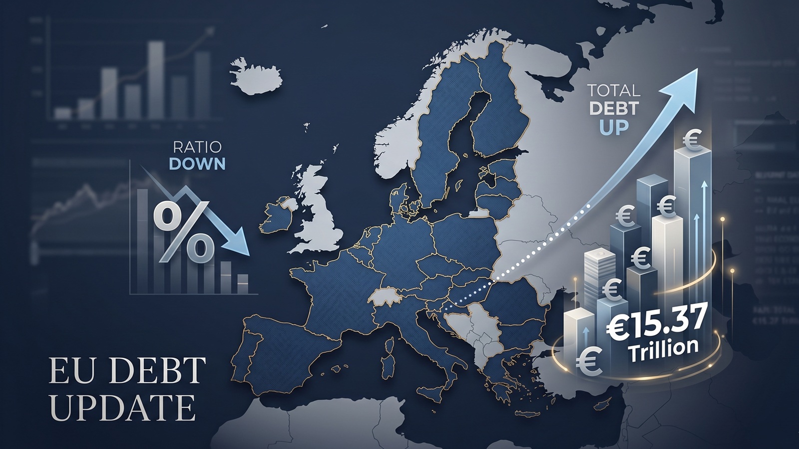 A map of Europe with debt figures and a subtle contrast between a falling ratio and a rising total debt pile