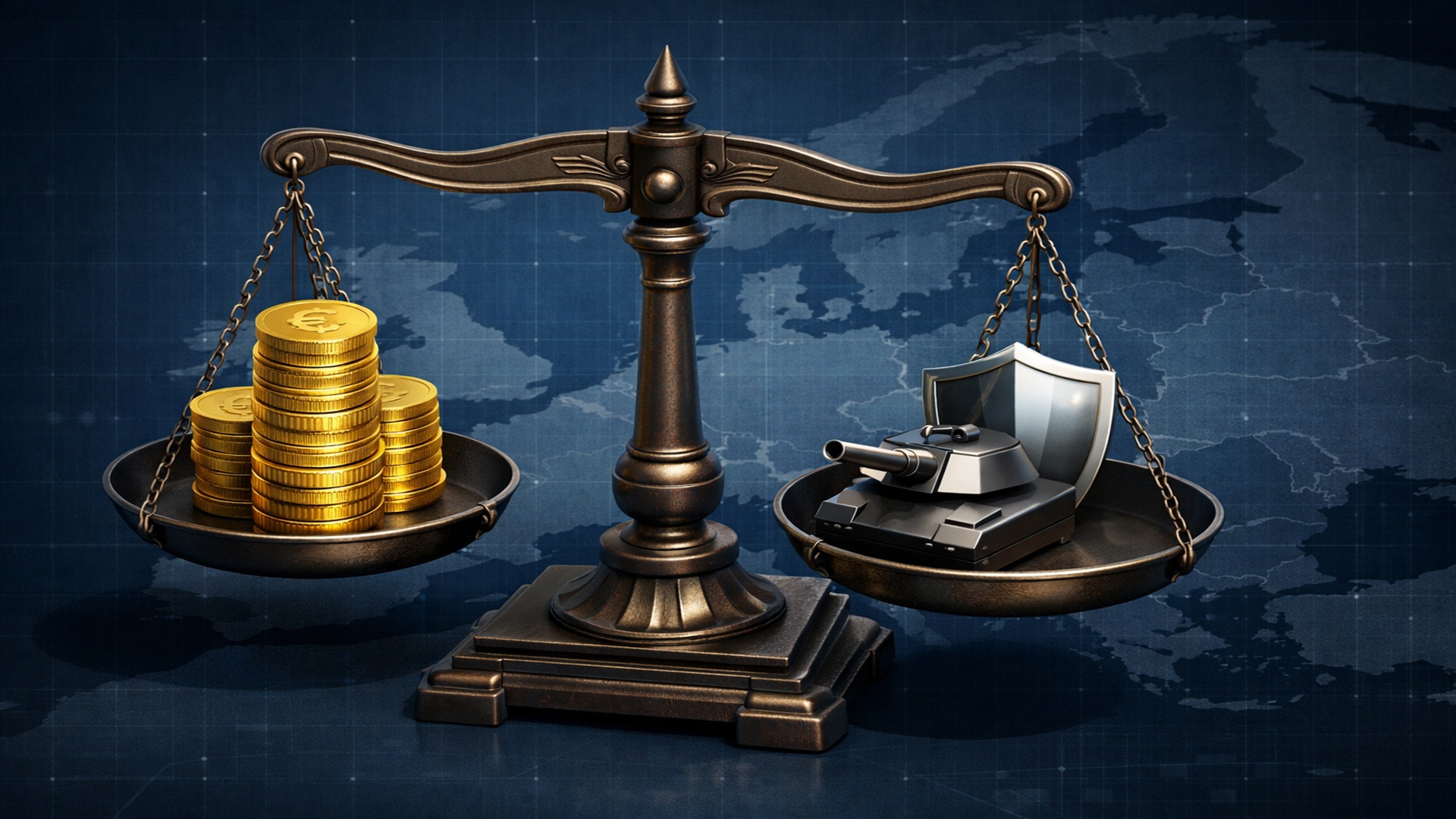 Isometric illustration of a scale balancing EU gold coins against military defense shields on a digital map background