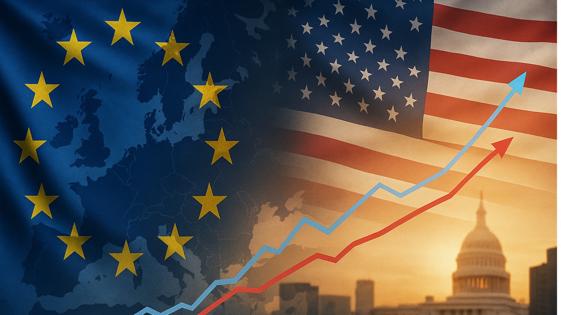 Flags of the European Union and United States in front of rising debt charts