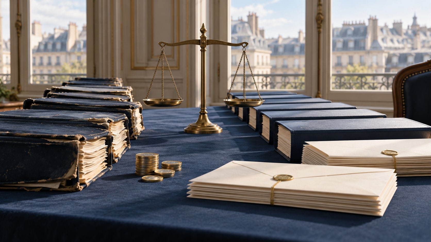 Des dossiers obligataires anciens et neufs entourent une balance dans un bureau parisien, illustrant le refinancement record de la France