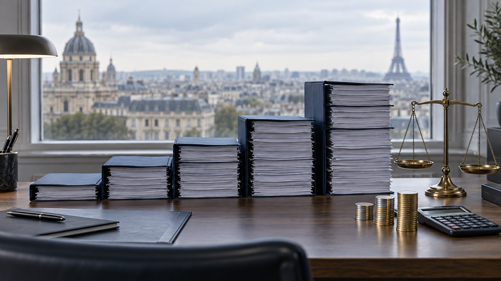 Piles croissantes de dossiers budgétaires français près d'une balance et d'une calculatrice dans un bureau parisien