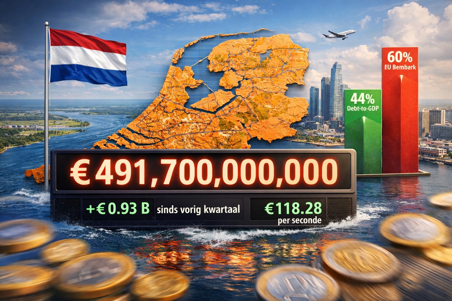 A stylized map of the Netherlands with a live euro debt counter overlay