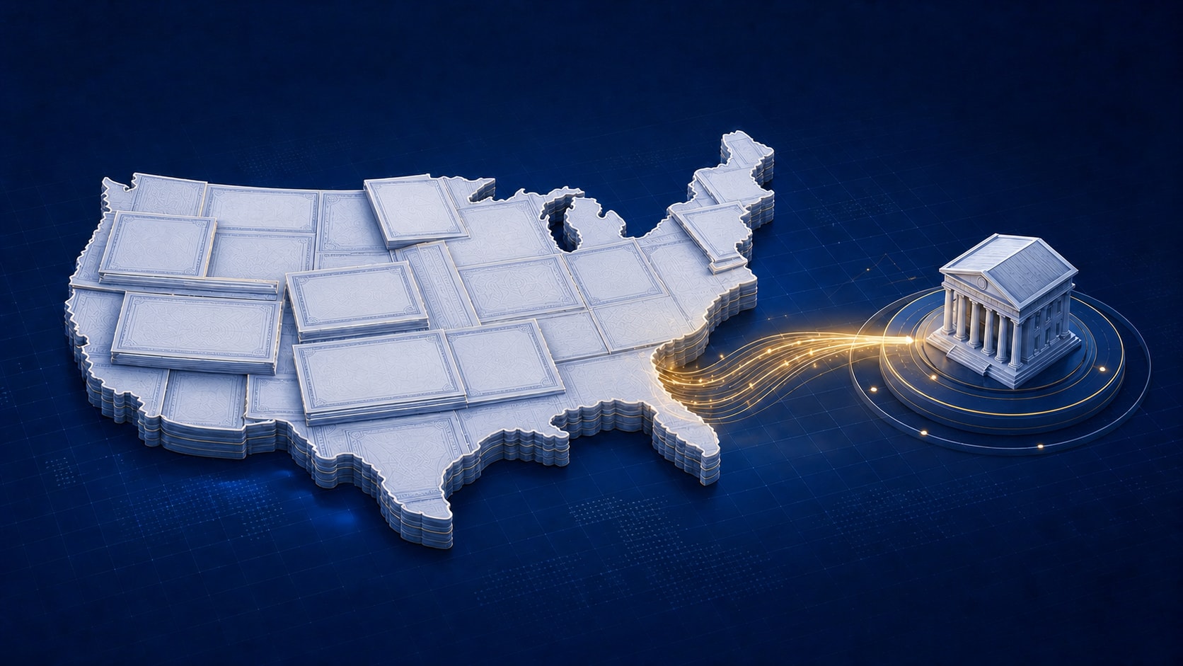 Isometric United States silhouette made from blank Treasury securities with a gold stream representing federal interest payments